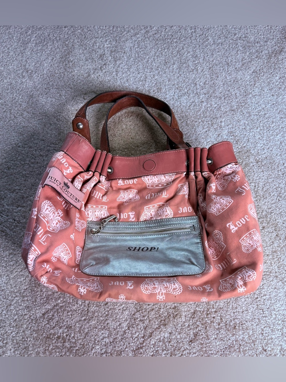 Juicy Couture Pink Shoulder Tote with Brown Leather Trim - Picture 5 of 16